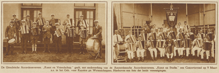 872453 Collage van 2 foto's met groepsportretten van de accordeonverenigingen 'Kunst & Vriendschap' uit Utrecht en ...